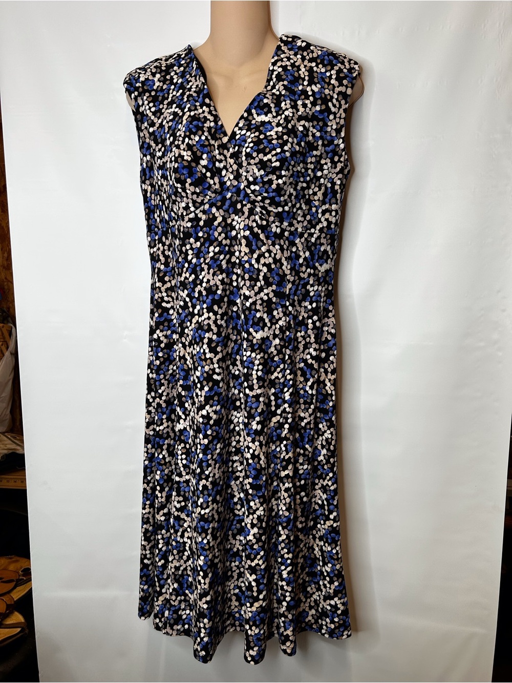 Chaps Black, Blue & White Sleeveless V-Neck Midi Dress